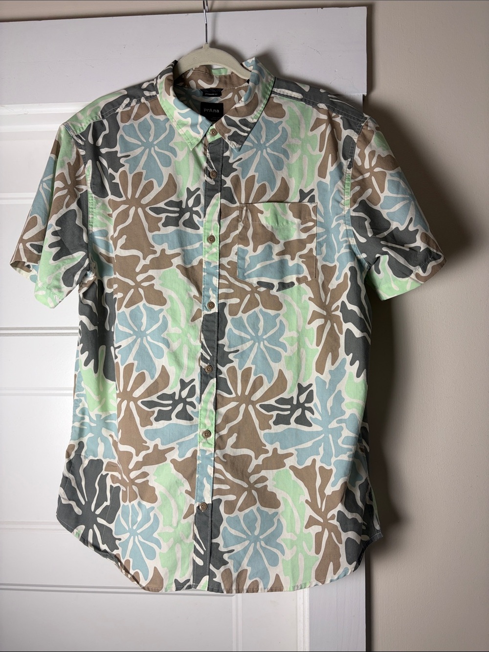 Prana Short-Sleeve Floral Button-Down Shirt - Mint, Light Blue & Brown